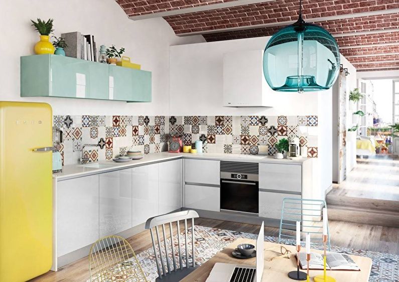Кухня в скандинавском стиле с плиткой-пэчворк - дизайн интерьера