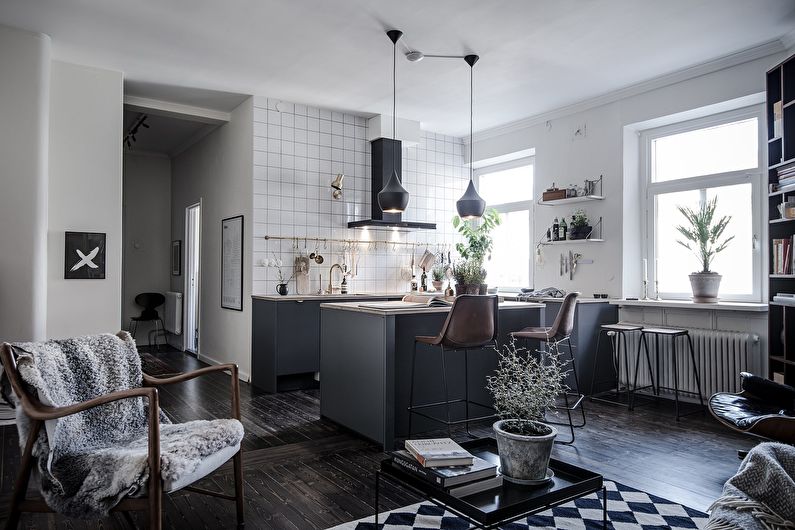 Кухня в скандинавском стиле, совмещенная с гостиной - дизайн интерьера