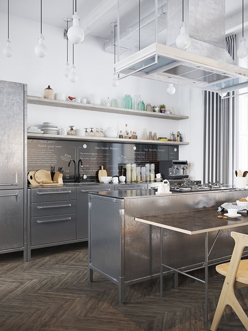 Кухня в скандинавском стиле с металлическими фасадами - дизайн интерьера