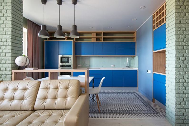 Синяя Кухня Гостиная Дизайн