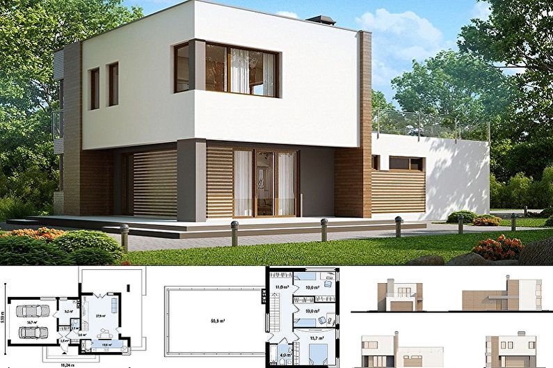 Современные проекты домов в стиле хай-тек - Двухэтажный коттедж с гаражом