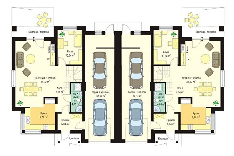 Современные проекты одноэтажных домов с гаражом - Дуплекс с гаражом