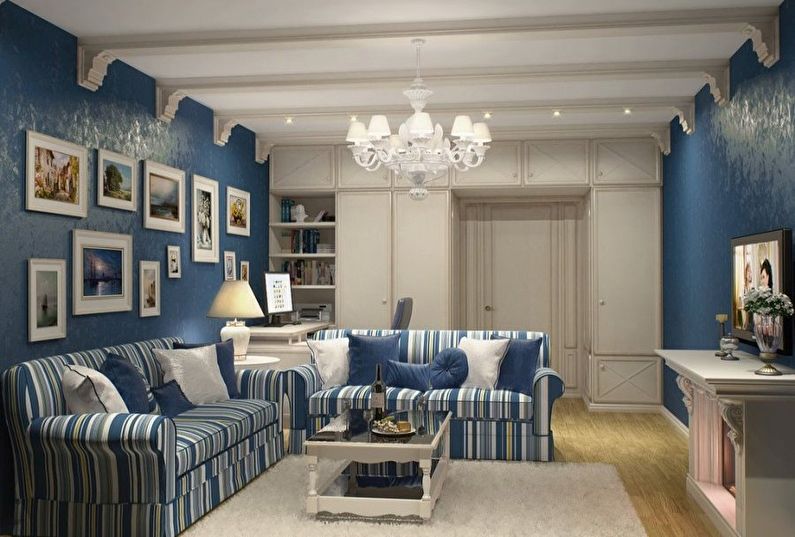 Маленькая гостиная в синих тонах - дизайн интерьера