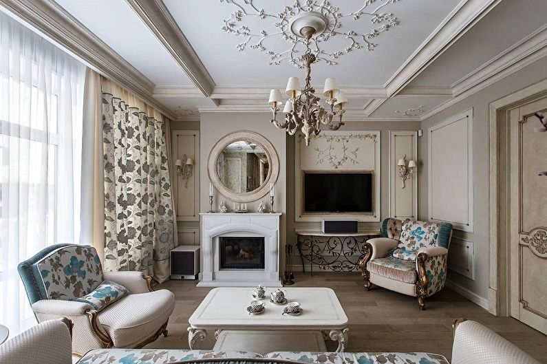 Дизайн гостиной в классическом стиле - Отделка потолка