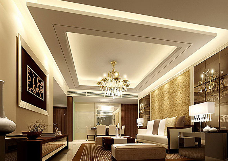 Дизайн потолка из гипсокартона в гостиной