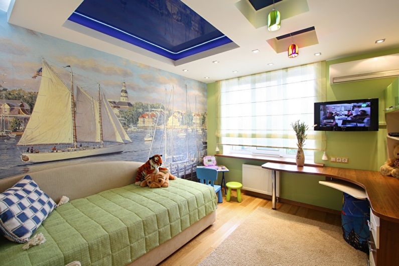 Дизайн потолка из гипсокартона в детской комнате