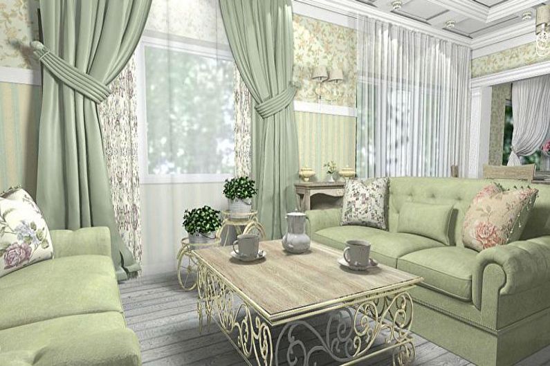 Зеленая гостиная в стиле прованс	- Дизайн интерьера