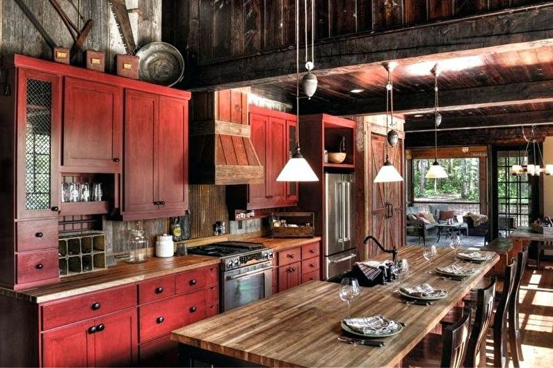 Красно-черная кухня в стиле кантри - Дизайн интерьера
