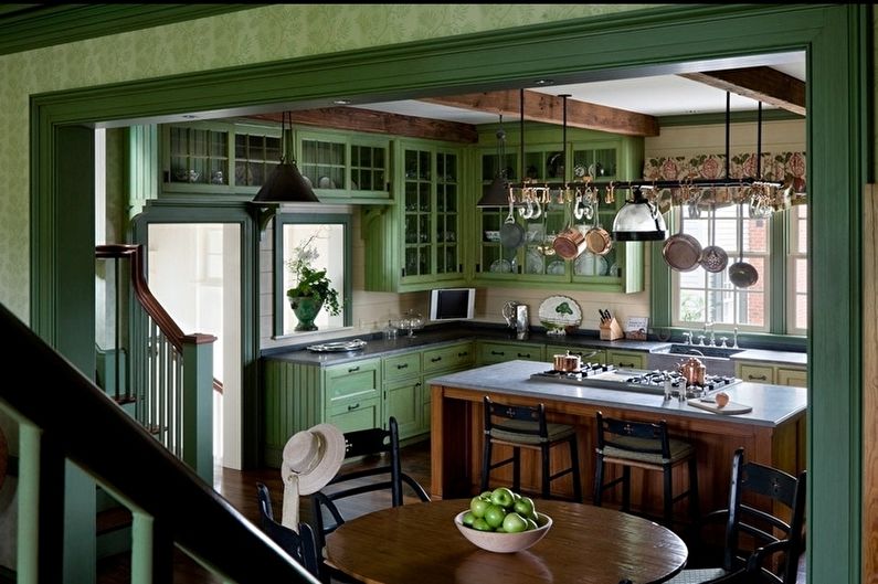 Зеленая кухня в стиле кантри - Дизайн интерьера