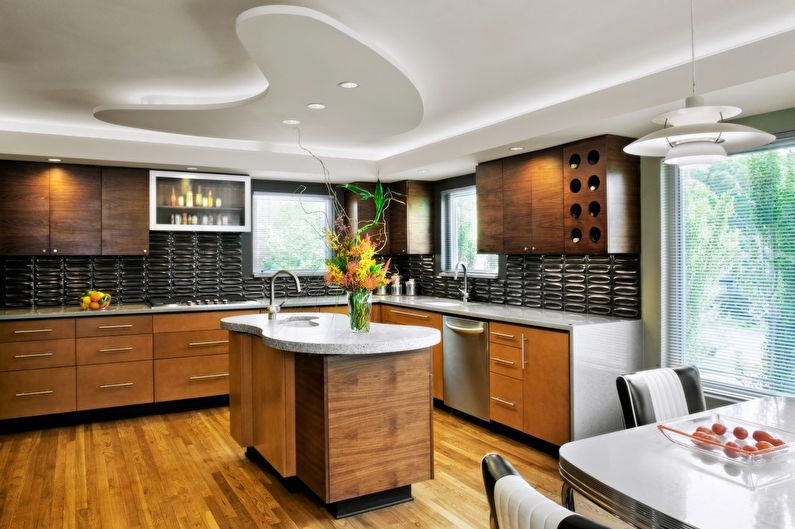 Дизайн потолка из гипсокартона на кухне - фото