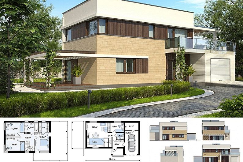 Современные проекты домов в стиле хай-тек - Двухэтажный коттедж с гаражом