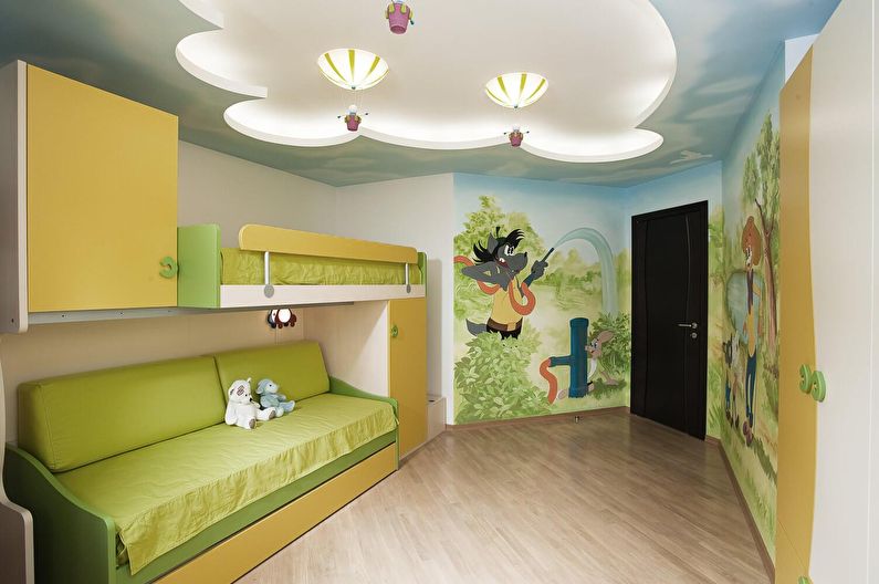 Дизайн потолка из гипсокартона в детской комнате