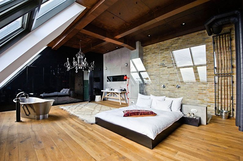 Спальня на мансарде в стиле лофт - Дизайн интерьера