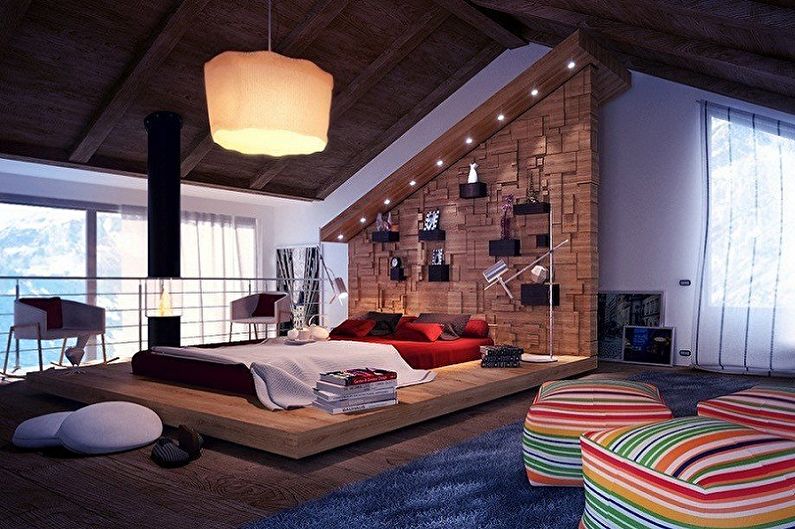 Дизайн интерьера спальни на мансарде - фото