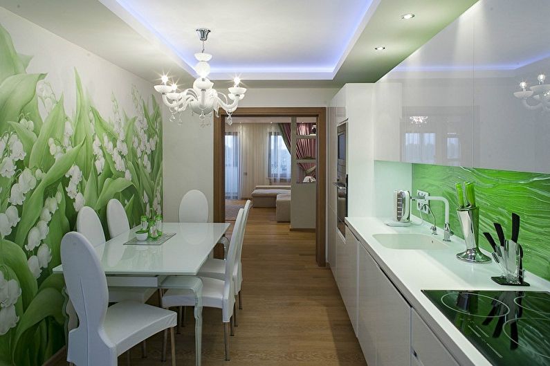 Дизайн бело-зеленой кухни - Отделка потолка