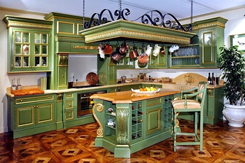 Дизайн интерьера бело-зеленой кухни - фото